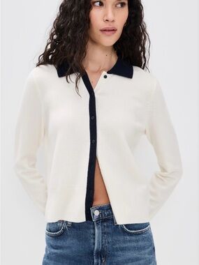 Vince Cream Button-Up Polo Cardigan with Black Trim size S